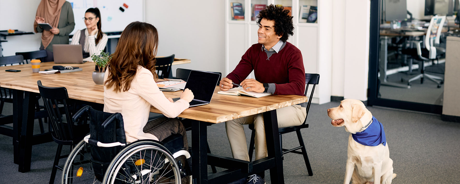 A disabled female employee in wheelchair is working with a male employee with a service dog.